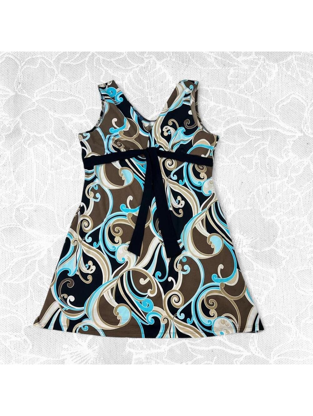 RAG Y2K Blue, Brown, and Beige Paisley Swirl Print Dress - XL